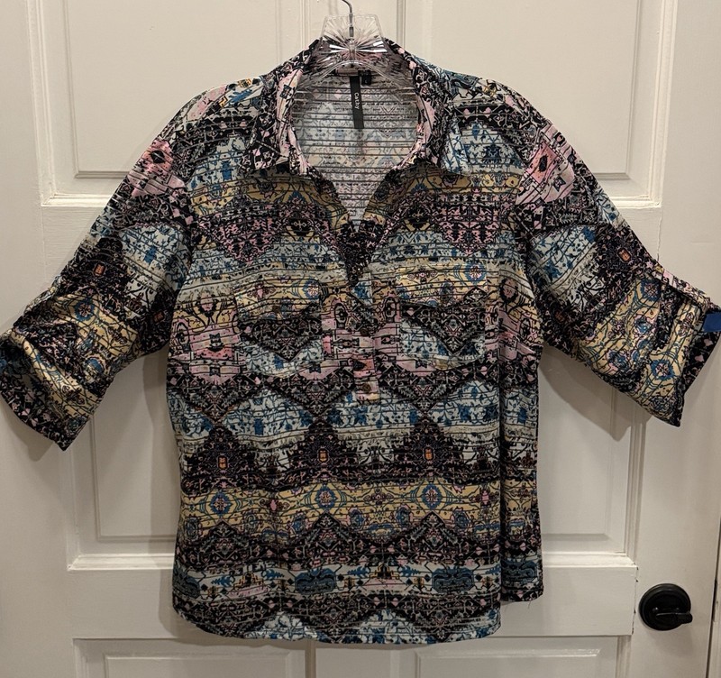 CATHY Women’s Blouse Button Up / Pullover Shirt size LARGE Stretch Chic