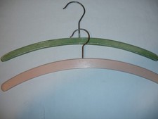 2 VINTAGE WOOD CLOTHES HANGERS,NO WRITING,1/4 X 15 3/4 IN.GREEN  PINK PAINT