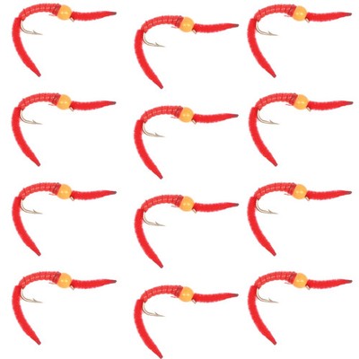 San Juan Worm Orange Bead Head Power Worm Red V-Rib 1 Dozen Nymph Flies Size 10