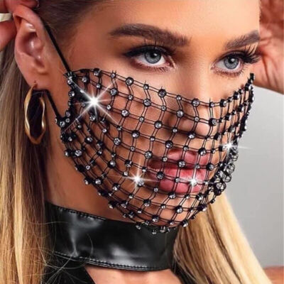 Crystal Bling Diamond Hollow Out Mesh Rhinestone Face Mask Sequin Black White