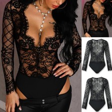 Sexy Ladies ❤️ Women Lace V Neck Mesh Romper Bodysuit Long Sleeve Lingerie Tops