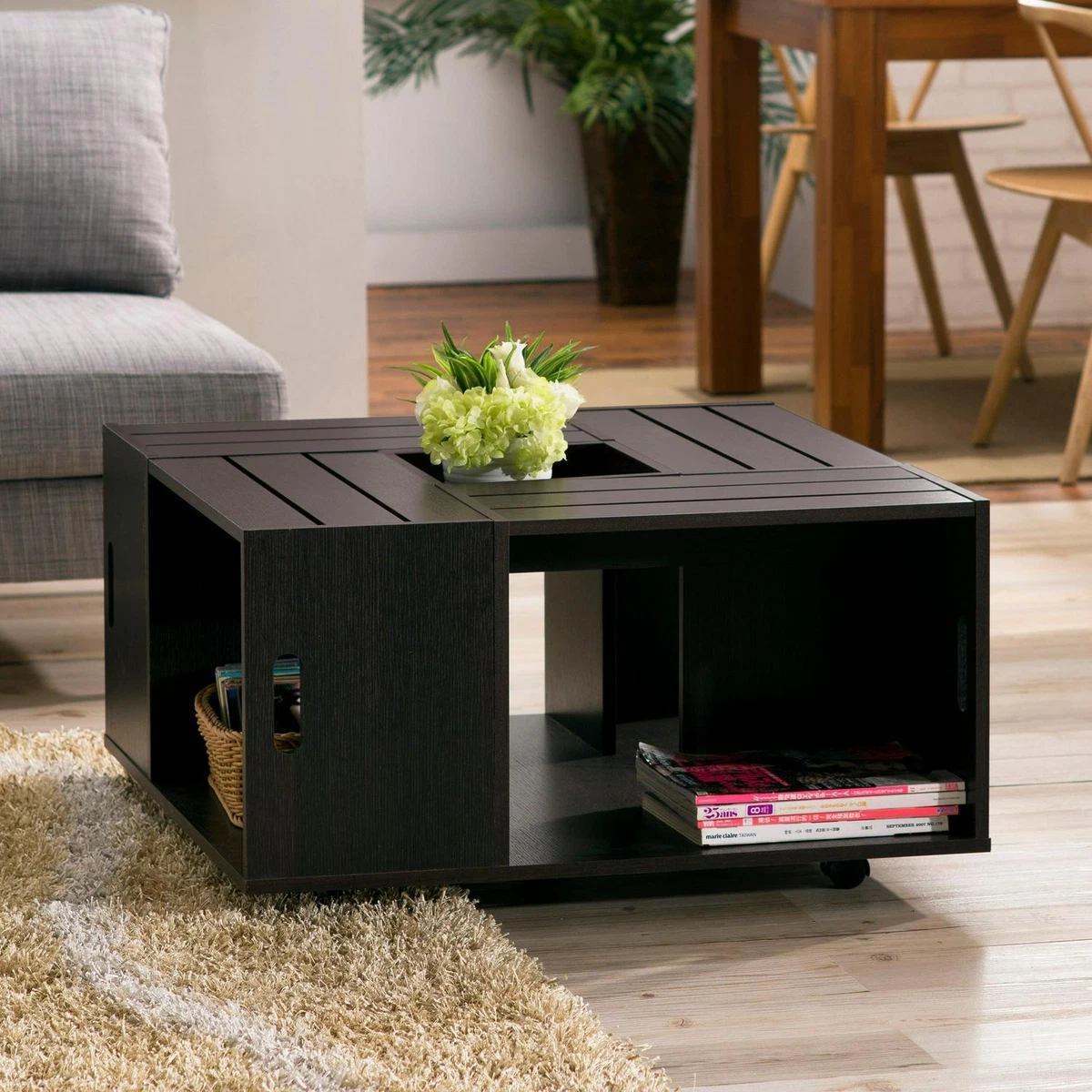 Slatted Top Coffee Table With Storage Wine Crate Design Espresso