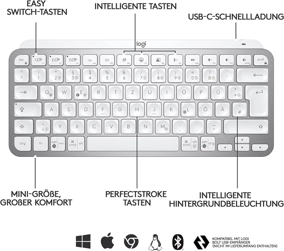 Logitech MX Keys Mini Kabellose Tastatur, Pale Grey, WEIß, SCHWEIZ  #GBR - Bild 4 von 4