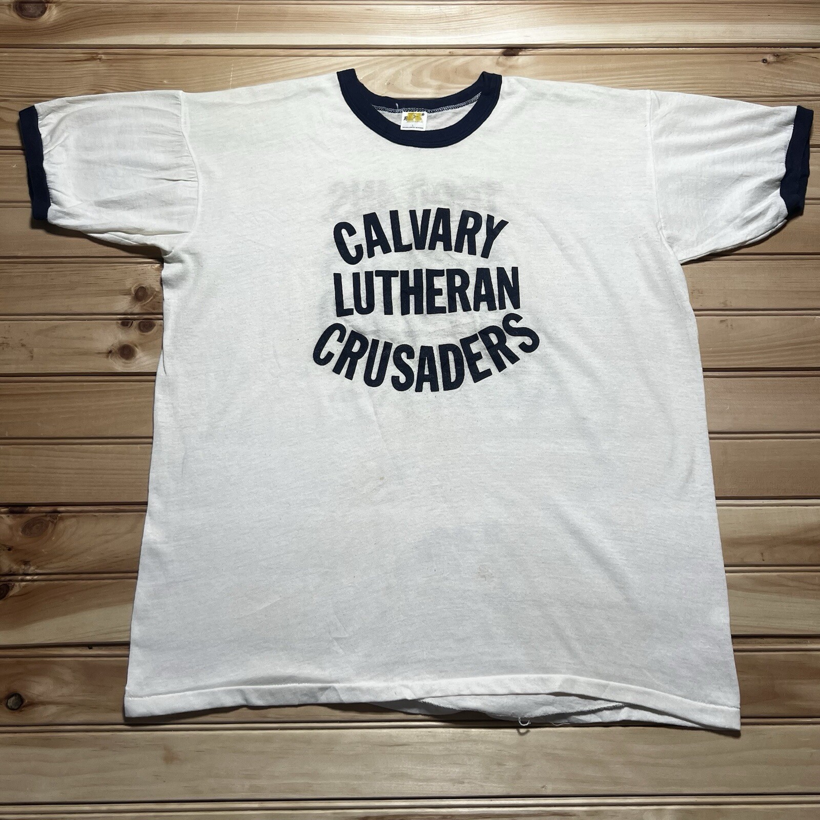 Vintage 70s Russell Athletic Lutheran Crusaders Ringer Tee Size L