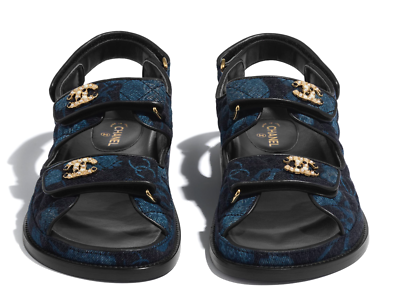 Chanel 21A Blue Black Grey Denim CC Logo Mule Slide Strap Flat Dad