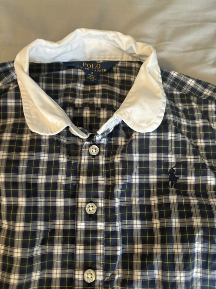 Polo Ralph Lauren Blue Plaid Shirt Dress Button Long Sleeve Girls 7 White Collar - Image 2 of 4