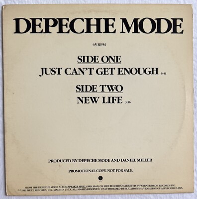 DEPECHE MODE -Just Can t Get Enough/New Life- Rare US Promo 12  /Vinyl Record