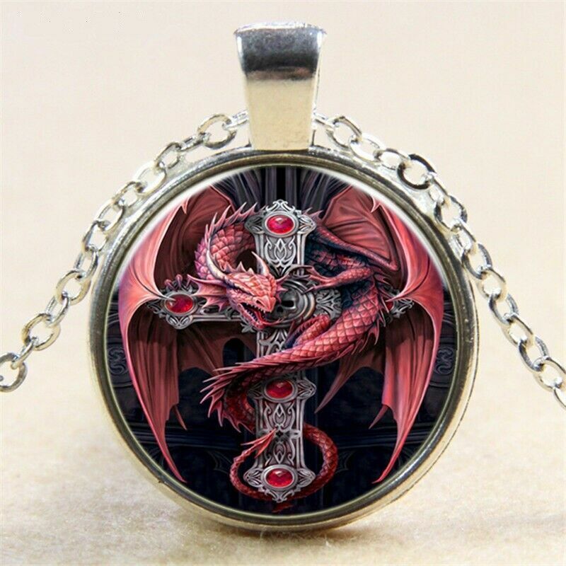 Red Dragon Celtic Cross & Skull Cabochon Black Chain Pendant Necklace USA  SELLER