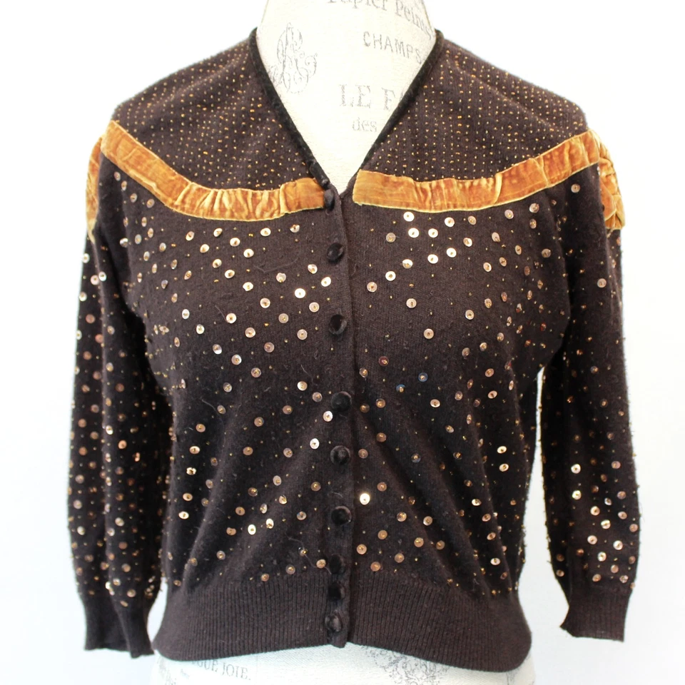 Cárdigan Suéter Top Sage Jewelry Marrón Lentejuelas 100% Cachemira Detalles S/M Foto 2 de 4