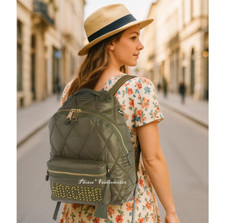 NWT MOSCHINO Quilted Logo Nylon Backpack w/Studs-Travel  School, Military green