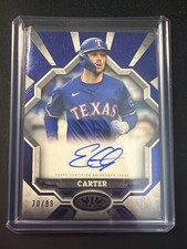 Evan Carter 2025 Topps Tier One Break Out Auto /99 Blue Ink Rangers #BOA-EC