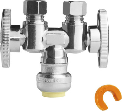 1/2'' Push Fit X Dual 3/8'' OD Compression Straight Stop Valve, 1/4 Turn Double Ha