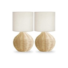 Rattan Bedside Table Lamp Set of 2, Boho Farmhouse Style with Cotton Linen Lamps