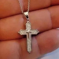 2 Ct Round Cut White Moissanite Women's Cross Pendant 14K White Gold Plated