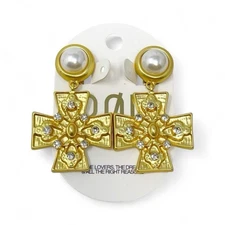 8 Other Reasons 18k Gold Plated Statement Pearl & Cross Clip On Earrings NEW