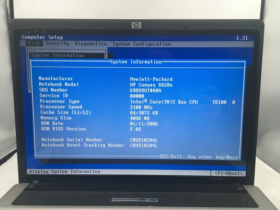 HP COMPAQ 6820S - BOOTS TO BIOS - INTEL CORE 2 DUO T8100 - 4GB RAM - READ - BB - Image 2 of 4
