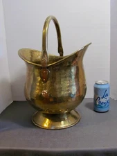 Vtg Large Hammered Brass Coal Bucket Planter Pot Copper Rivet Swing Handle Decor