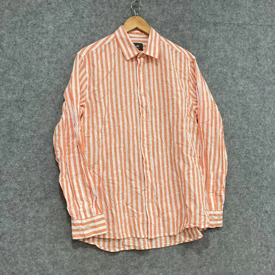 Camisa H&M Para Hombre Talla Mediana Naranja Blanco Rayas Mezcla de Lino Abotonada 20421 Foto 2 de 4
