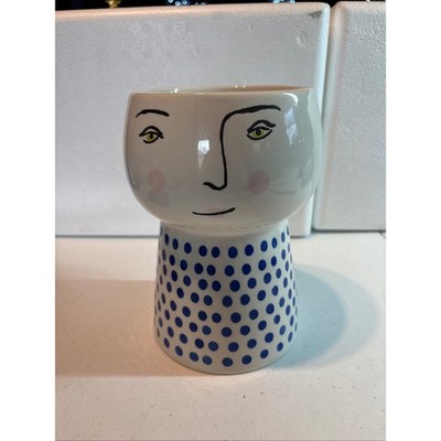 Ceramic Face Planter Pot Blue Polka Dot Design Cute Home Decor