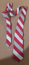 VINTAGE MENS TIE - RED WHITE GRAY STRIPES