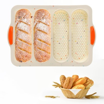 French Bread Hoagie Sub Roll Baking Pans 4-slot, Non Stick Silicone Mould Mol...