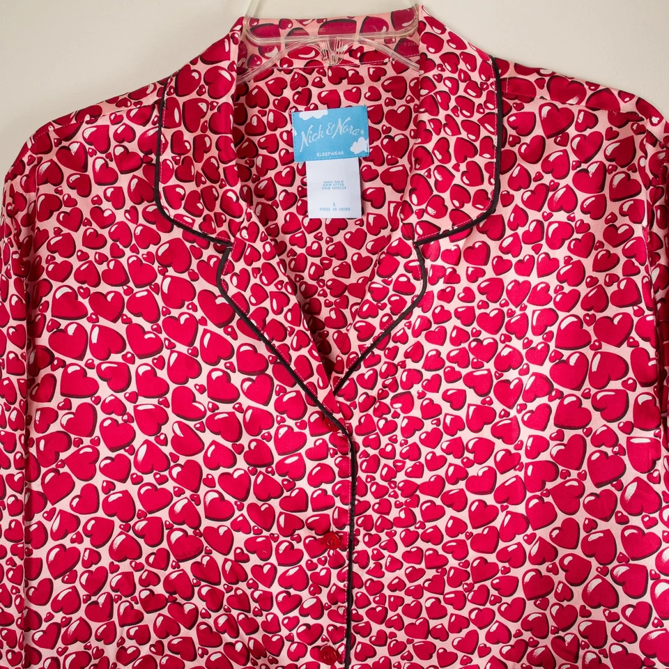 💖 Conjunto de pijama NICK & NORA corazón rojo 100 % seda manga larga pijamas pantalones M/camisa L Foto 3 de 4