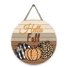 Hello Fall Pumpkin Wooden Door Sign 12x12 for Autumn Home Decor Hanger