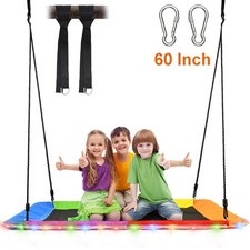 60" Platform Tree Swing Set Waterproof Outdoor with LED Light, Adjustable Ropes
