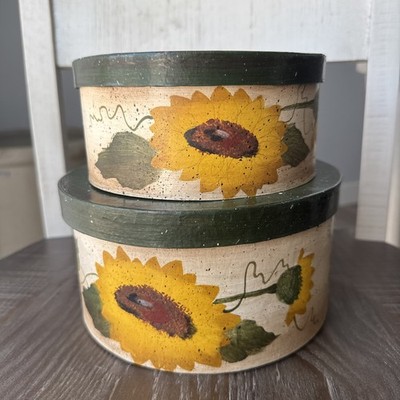 Country Home Decor Set of 2 Primitive Sunflower Round Nesting Boxes