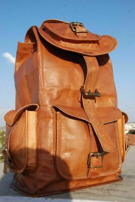 20'' Real genuine Leather Mens Backpack Satchel Brown Vintage Bag laptop Rucksack
