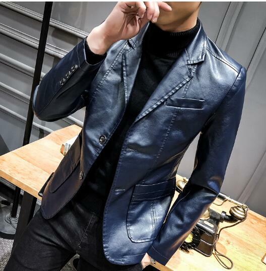Slim Fit Men's Leather Jacket Blazer - Business Casual Motor Coat-image