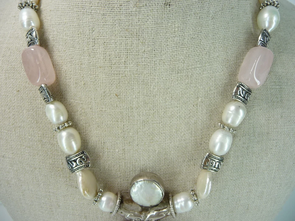 Collar Colgante Reversible Plata 925 Superposición Mono Pez Rosa Cuarzo Barroco Foto 4 de 4