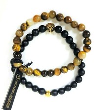 NEW 2 PC ANTHONY JACOBS GOLD TONE,LION HEAD,BEADED TIGER EYE,ONYX MEN'S BRACELET