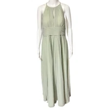 Azazie Dusty Sage Green Sleeveless Pleated Halter Maxi Dress Gown Womens Size XS