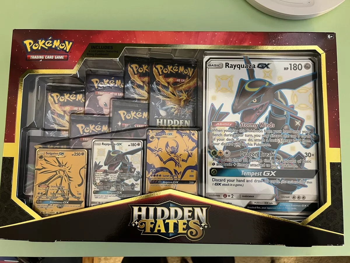 Pokemon SM11.5 TCG: Hidden Fates Premium Powers Collection- Featuring Shiny  Rayquaza-GX, Solgaleo-GX and Lunala-GX 