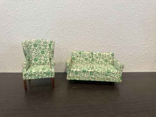 Dollhouse Vintage RealLife Heritage series Sofa & Chair green floral fabric - Picture 1 of 5