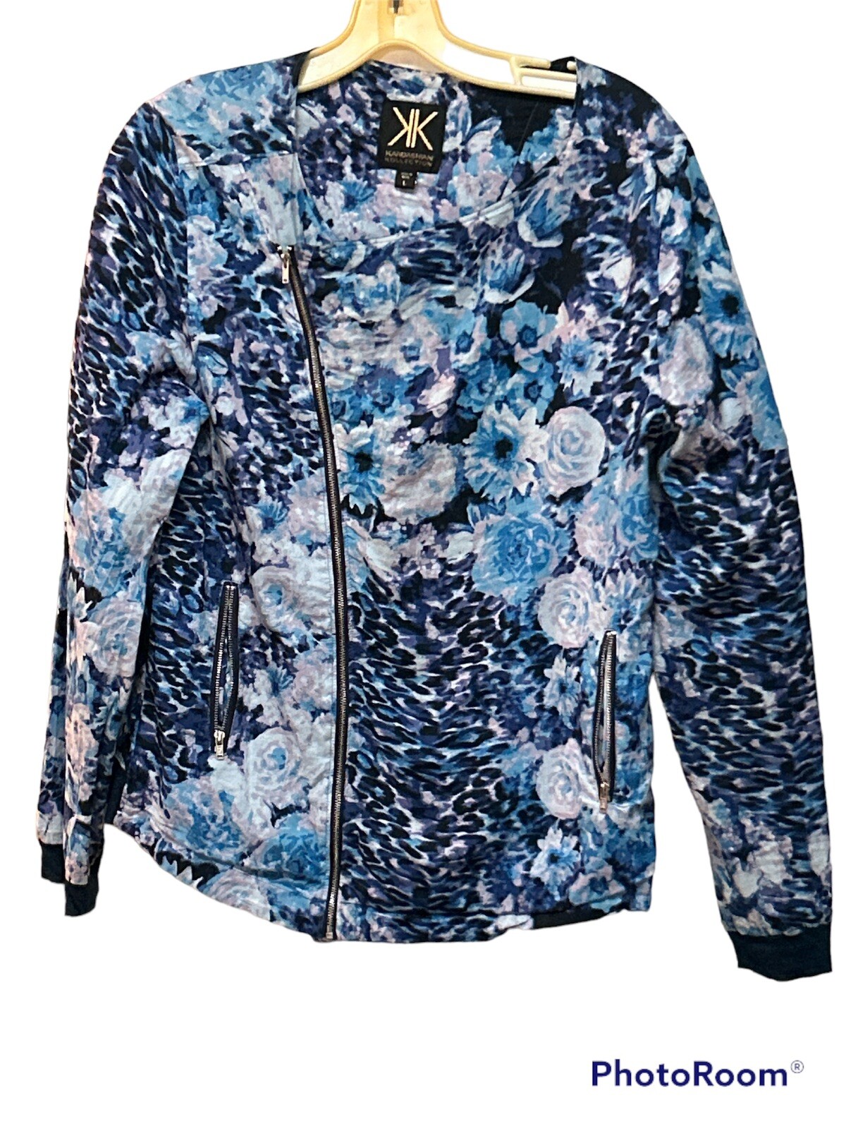 Kardashian Kollection Shacket L Full zip long sleeve Blue Floral Cheetah Chic