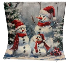 SNOWMAN Whimsical Family Christmas Linen Throw Pillow Cover Holiday Home Decor