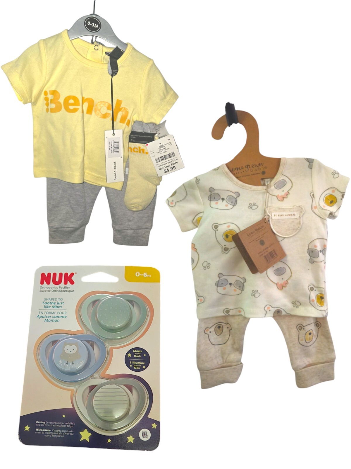 NWT 0-3 Months Unisex Bench and Home Grown Baby Outfit Set and Nuk Pacifier Set