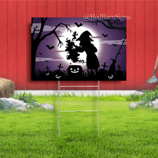 Purple Halloween night background with witch silhouette yard sign