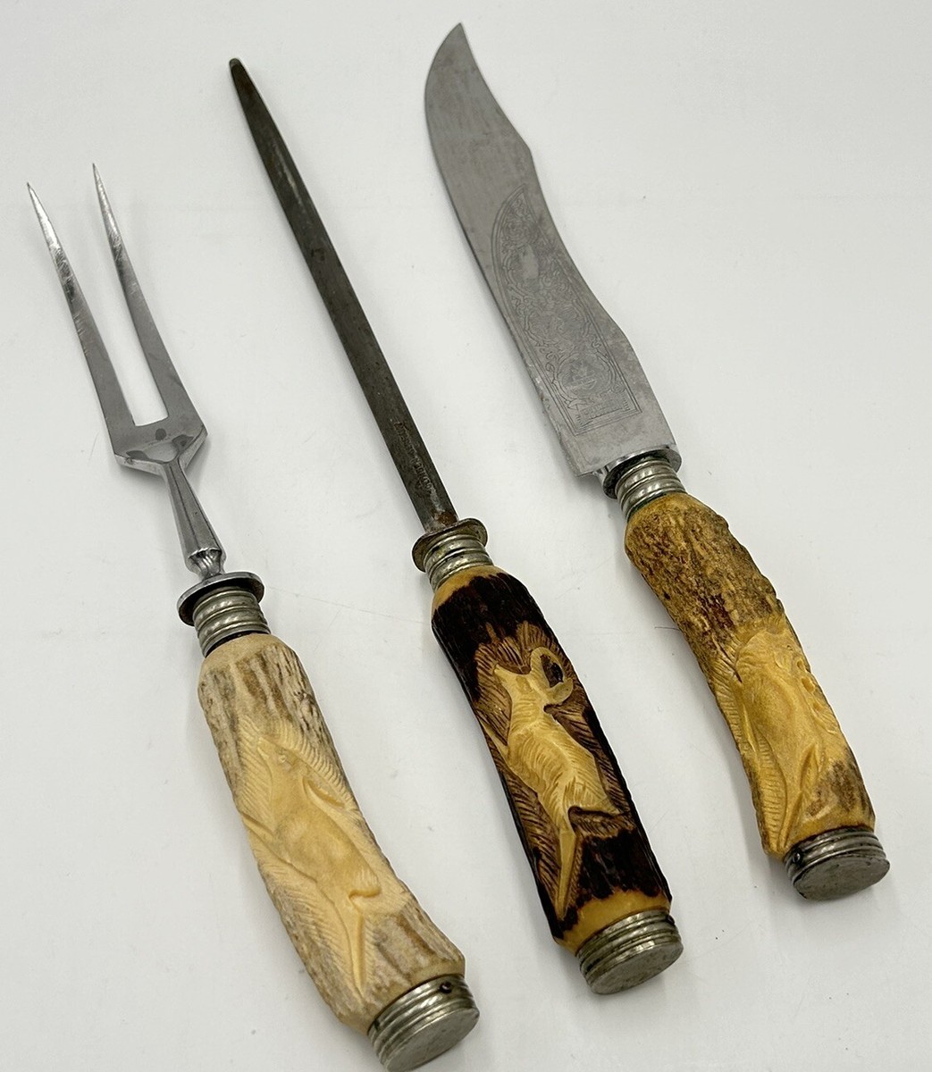 Baron Solingen Rostfrei German 3 pc. Antler Bone VINTAGE Carving