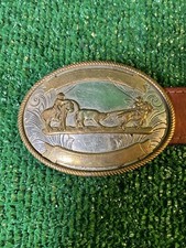 german silver rodeo belt buckle with 36 brown leather belt