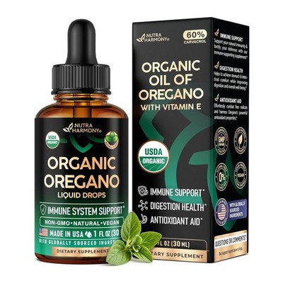 60% Carvacrol Aceite de Orégano Orgánico en Gotas Líquidas con Vitamina E, 1 OZ