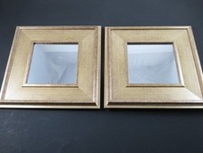Pair Regency Square Wall Mirrors Framed In Beveled Gold Plastic Wood-Look 9.8 In