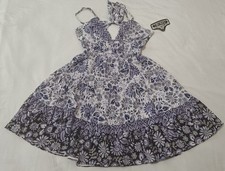 Angie Fit & Flare Sleeveless Dress Women's M Purple White Floral Elastic Waist