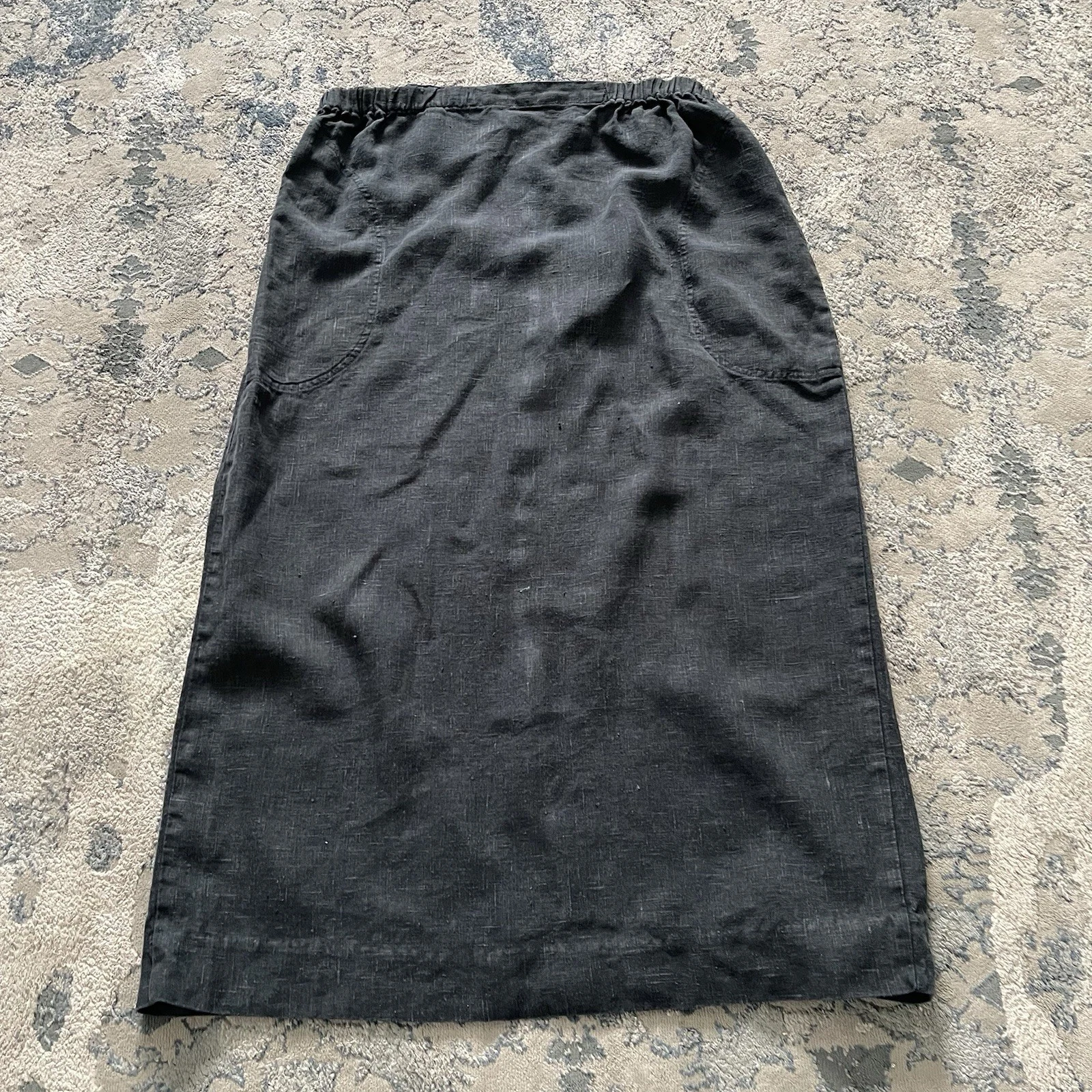 Vintage FLAX Black Linen Full Length Skirt Elastic Waist Women’s Sz Large