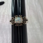 Vintage 925 Sterling Silver Opal Marcasite Ring Art Deco Floral Size 7