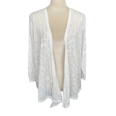 Chicos White Animal Prnt Semi Sheer Open Front Cardigan XL 3 Resort Coastal Chic