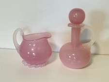 Murano Vintage Alabastro Pink Hand Blown Cruet w/ Stopper and Creamer Italy MCM