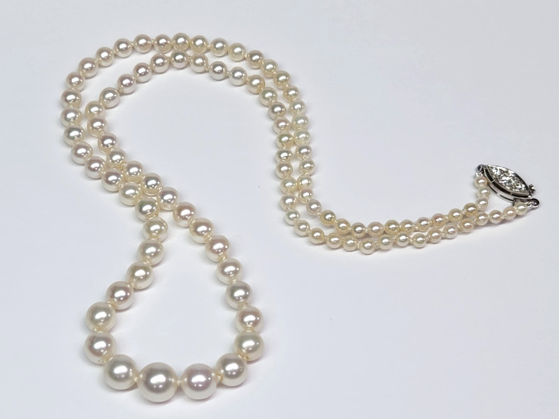 VINTAGE 2.50-8.00mm AKOYA Cultured Pearl & Diamond Graduated 20" Strand Necklace